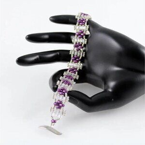 Silver and Purple SuperDuo Beaded Bracelet – Handcrafted Jewelry 8 1/2 Inches